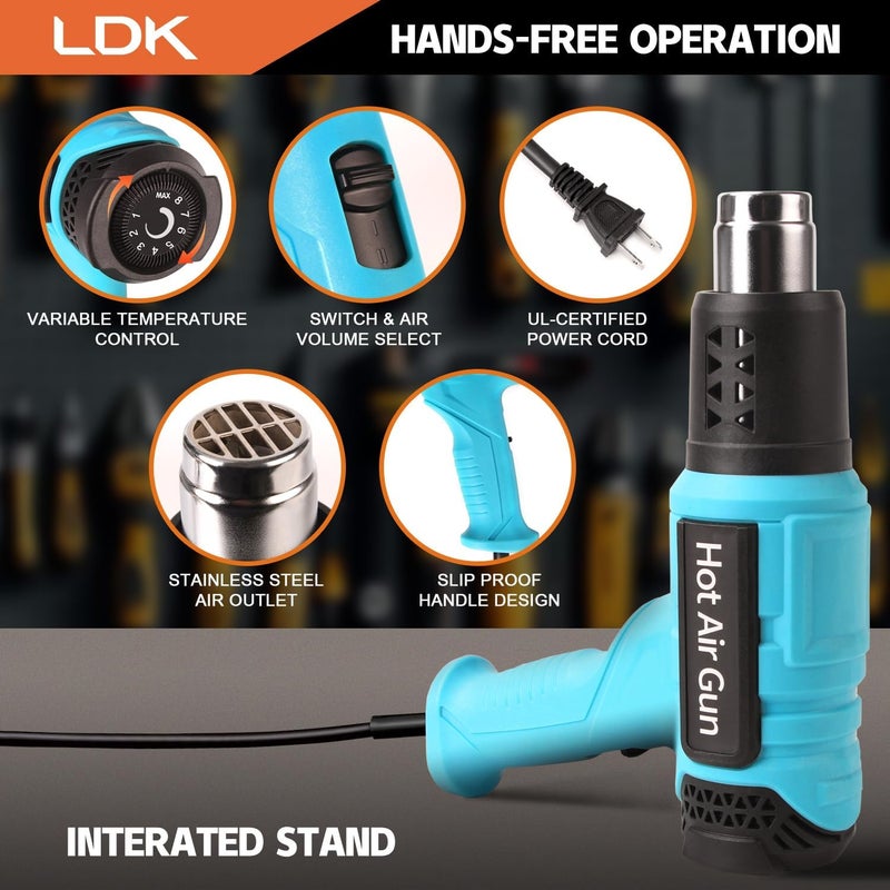 LDK Heat Gun, 140°F~1100°F Variable Temperature Control Heating Gun, 1.5s Fast Heating Heavy Duty Hot Air Gun Kit with 4 Nozzles for Crafting Shrink Tubing Vinyl Wrap - Image 4
